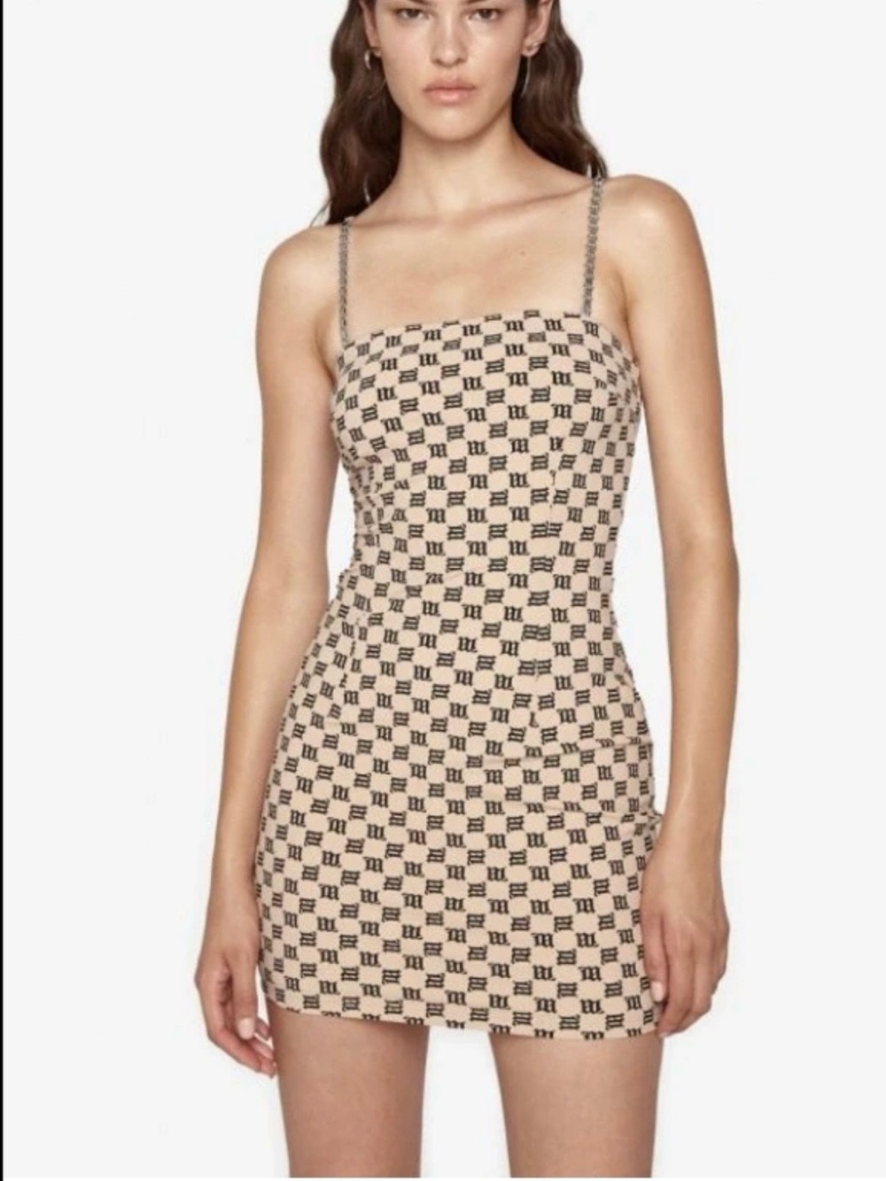 Misbhv Beige Checker Mini Dress with Chain Straps